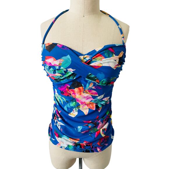La Blanca Blue Tropical Floral Tankini Swimsuit Top - Picture 2 of 11